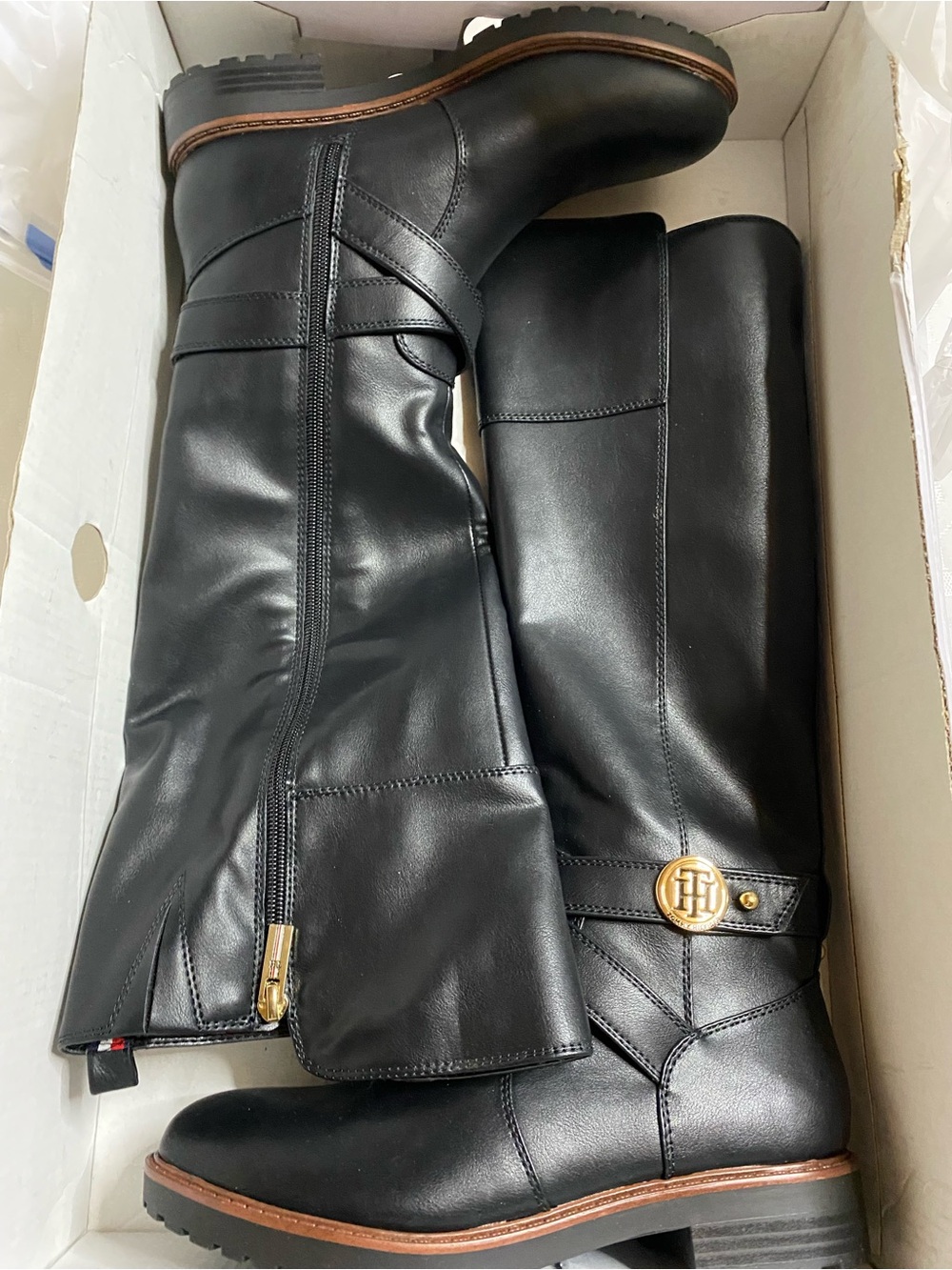 Tommy Hilfiger Black Leather Tall Riding Boots with Gold Logo Accent